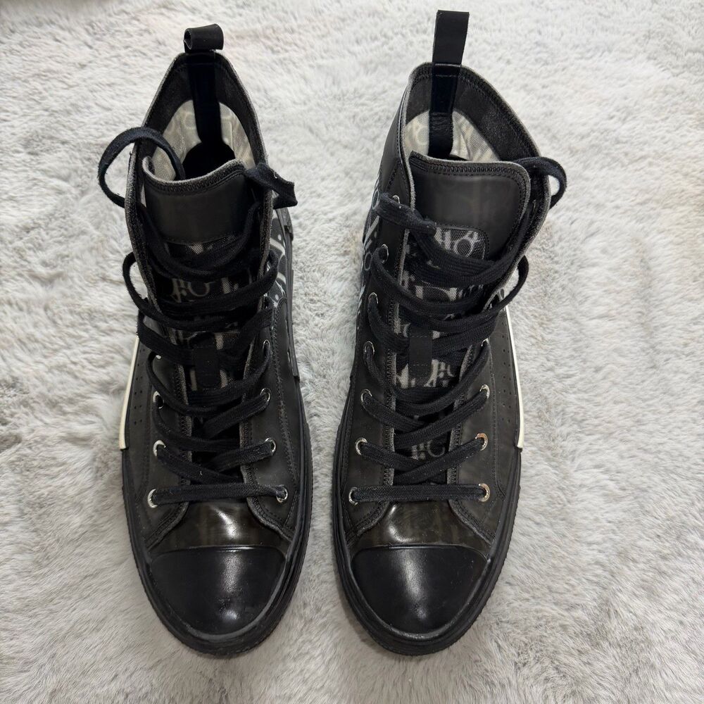 Authentic DIOR B23 Oblique Canvas Black Calfskin High Top Sneakers Shoes 44 / 11 - Picture 2 of 7